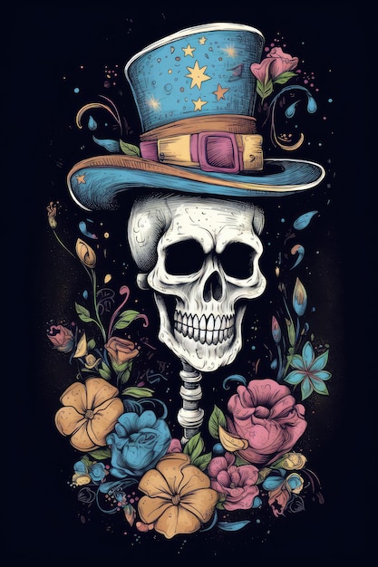 Un crâne avec un chapeau et des fleurs.