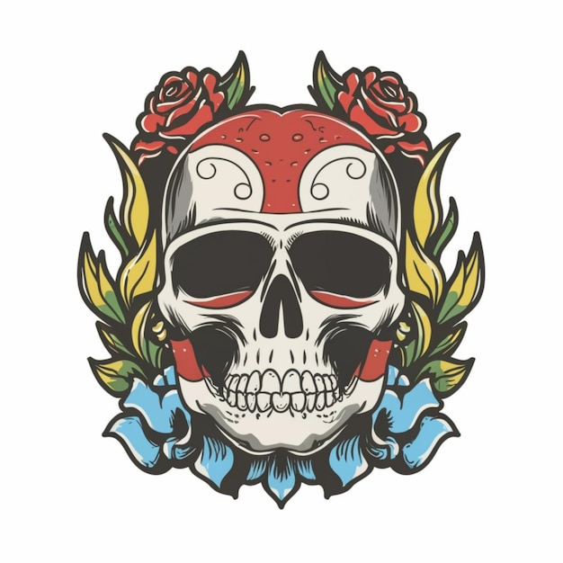Un crâne avec un chapeau rouge et un crâne avec des roses dessus