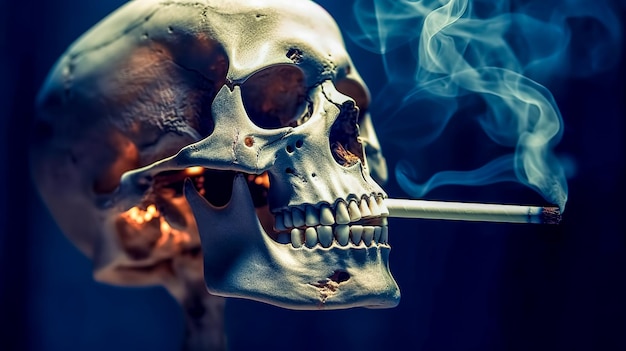 Photo crâne et cigarette avec de la fumée le concept de fumer est mauvais pour la santé bannière faite generative ai