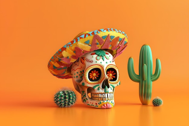 Photo un crâne de cinco de mayo avec un sombrero et un cactus sur un fond orange