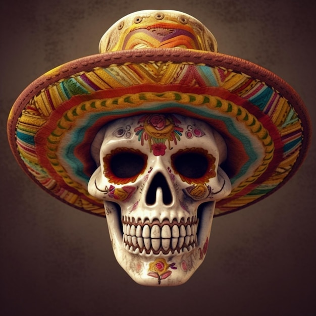 Crâne coiffé d'un sombrero mexicain