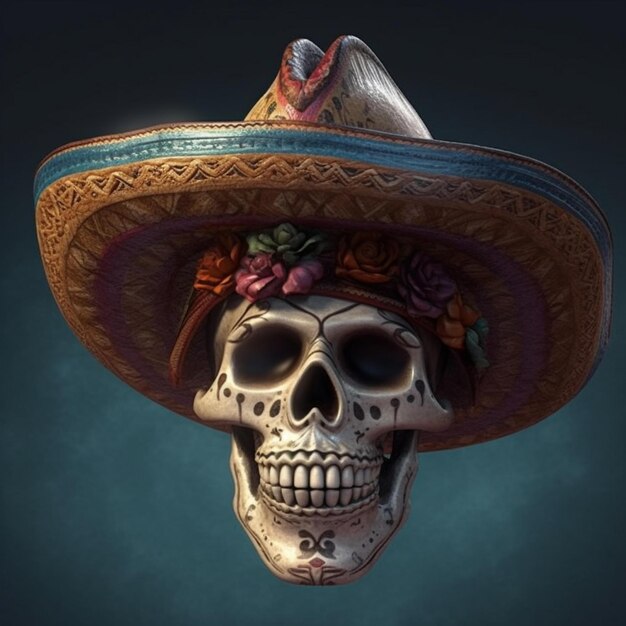 Crâne coiffé d'un sombrero mexicain