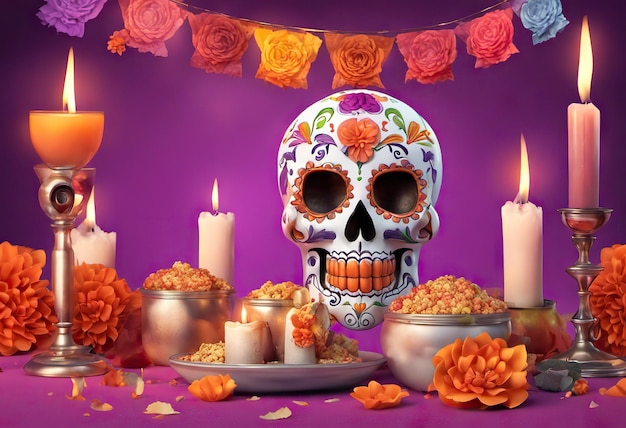 Crâne coloré aux chandelles avec fleurs dia de los muertos ou jour des morts