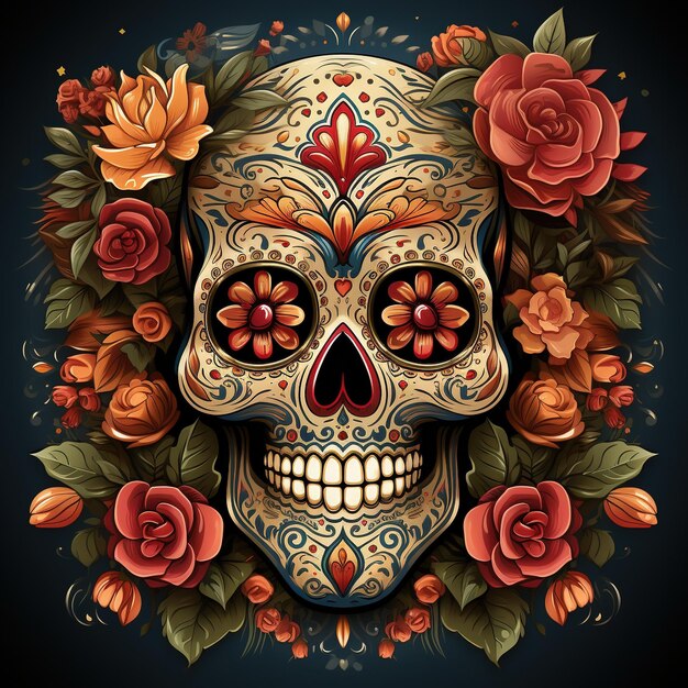 Crâne coloré décoré de fleurs Dia de muertos Illustration