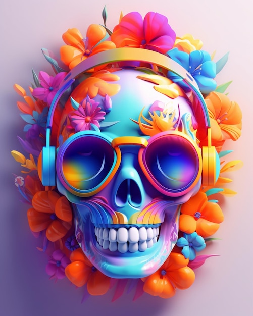 Un crâne coloré avec des écouteurs et des lunettes de soleil