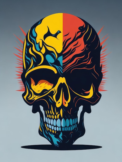 Un crâne coloré avec des flammes sur le devant et le bas du crâne.