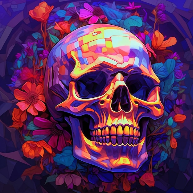 Un crâne coloré avec un fond violet et un motif de fleurs.