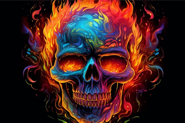 crâne coloré avec des yeux brillants et des crânes en flammes