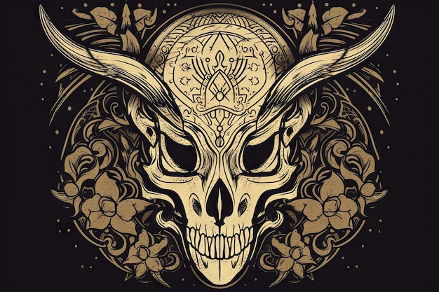 Un crâne avec des cornes et un motif floral dessus