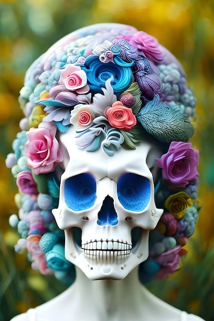 Un crâne avec une couronne florale et des fleurs dessus.