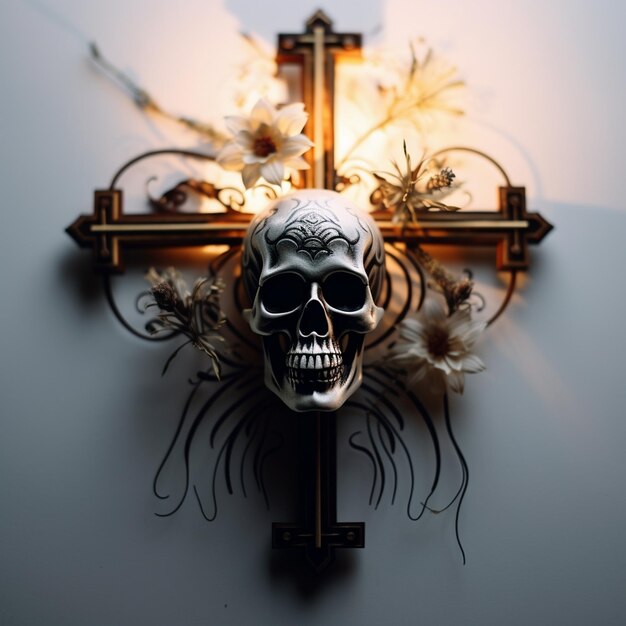 un crâne avec une croix est accroché sur un mur.