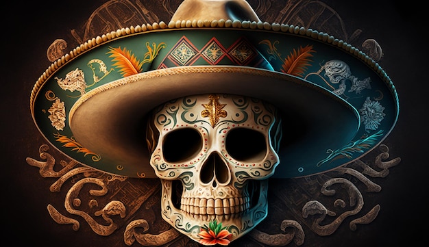 Crâne dans un chapeau sombrero fond Cinco de Mayo