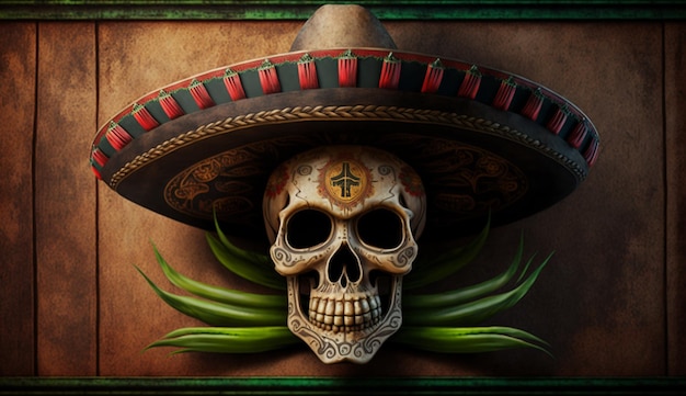 Crâne dans un chapeau sombrero fond Cinco de Mayo