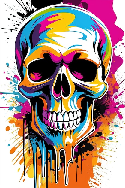 Crâne dans le noir graffiti couleur splash TShirt design illustration image IA générative