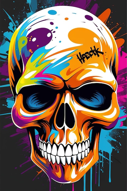 Crâne dans le noir graffiti couleur splash TShirt design illustration image IA générative