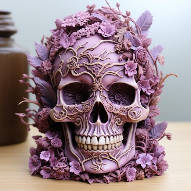 Crâne décoratif lilas décoré de fleurs et de feuillages Le Jour des Morts Generative AI
