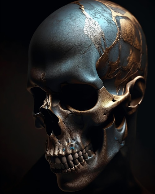 Un crâne de démon creux avec de la peinture dorée et un fond noir