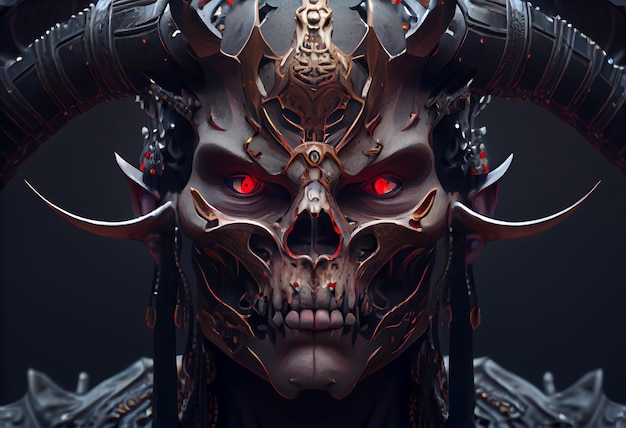 Crâne diable cyborg samouraï visage rendu 3D Générer Ai