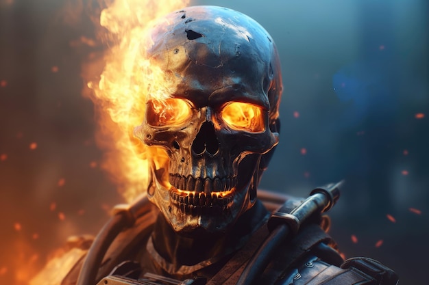 Un crâne avec du feu sur son visage est montré dans cette image du champ de bataille du jeu.