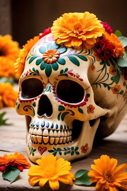 Photo crâne du jour des morts avec fleurs de calendula et bougies allumées