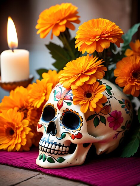 Crâne du Jour des Morts avec fleurs de calendula et bougies allumées