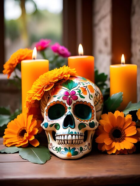 Photo crâne du jour des morts avec fleurs de calendula et bougies allumées