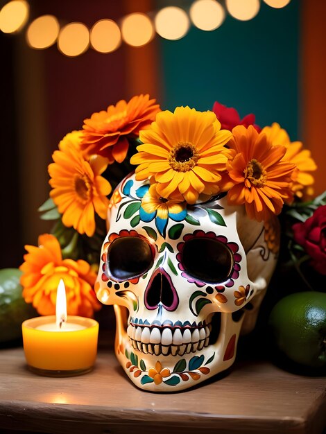 Crâne du Jour des Morts avec fleurs de calendula et bougies allumées