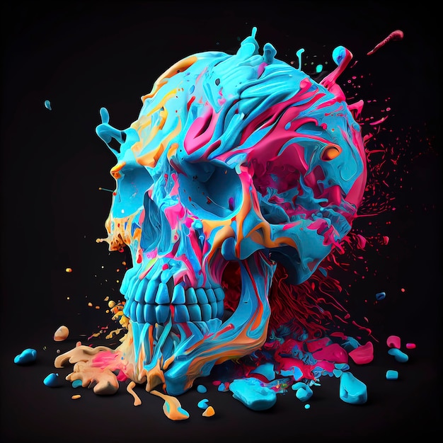 Crâne avec des éclaboussures de peinture colorées sur fond noir