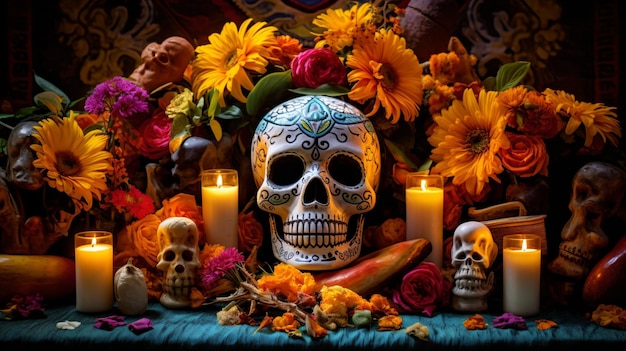 un crâne entouré de fleurs et de bougies