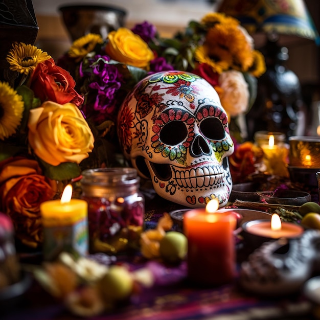 Un crâne est assis sur une table avec des fleurs et des bougies.