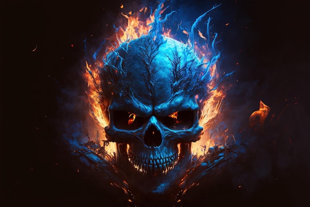 Crâne de feu bleu Tête de squelette maléfique Concept d'Halloween AI générative