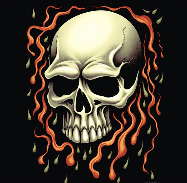 un crâne avec une flamme rouge et un feu au milieu.