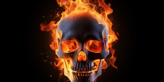 Un crâne avec des flammes dessus devant un fond noir