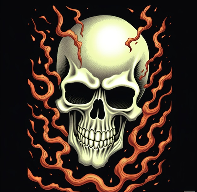 un crâne avec des flammes et un feu au milieu.