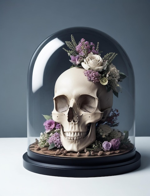 Crâne avec fleur dans une photographie d'affichage en verre
