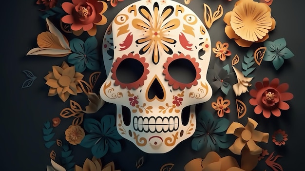 Crâne et fleur découpés en papier sur un fond mexicain du jour des morts