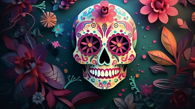 Crâne et fleur découpés en papier sur un fond mexicain du jour des morts