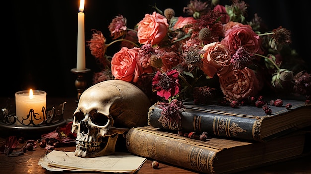 Un crâne avec une fleur dessus et une bougie sur la table