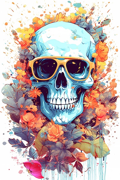 Un crâne avec une fleur et des lunettes de soleil.