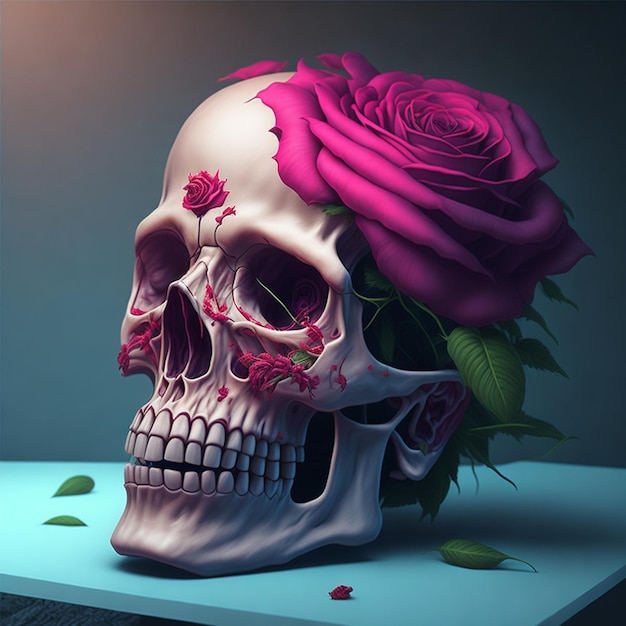 Un crâne avec une fleur rose dessus est couvert de roses roses.
