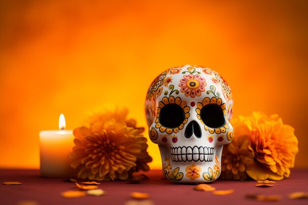 Un crâne avec des fleurs et une bougie sur une table