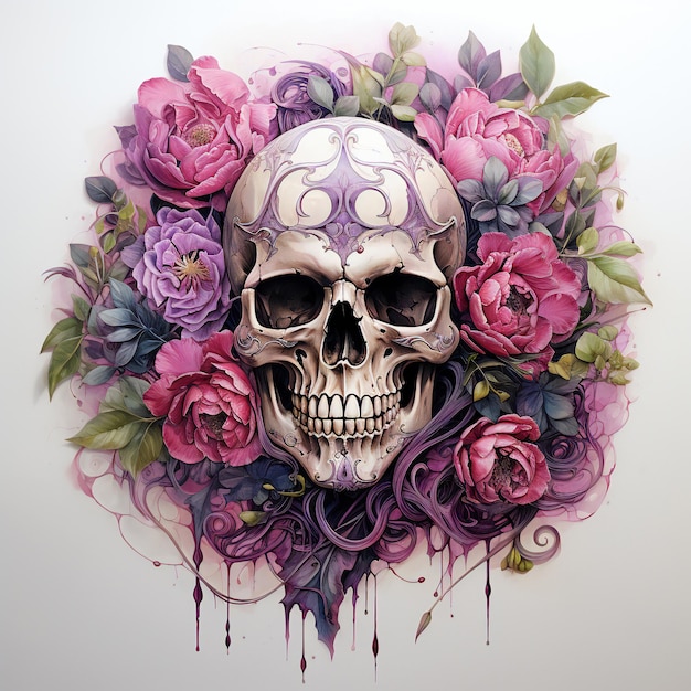 un crâne avec des fleurs et un crâne entouré de fleurs.