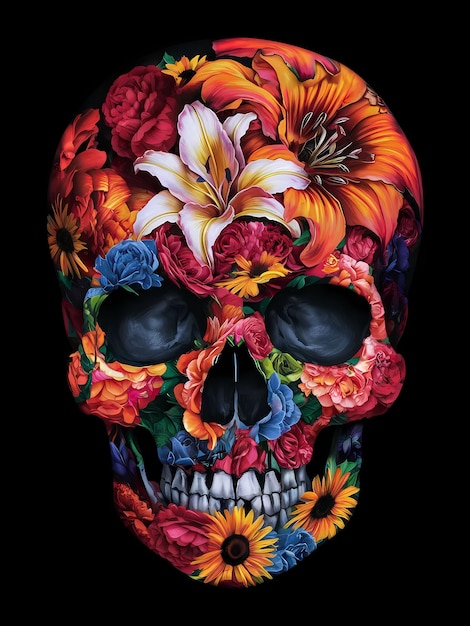 un crâne avec des fleurs dessus et un cranium avec une fleur dessus