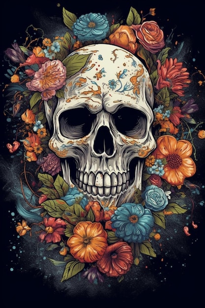 un crâne avec des fleurs et des feuilles dessus
