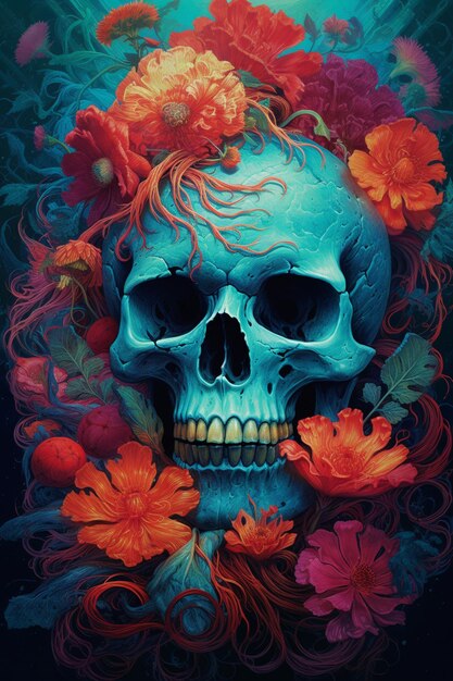 crâne avec fleurs génératives ai Illustration de haute qualité