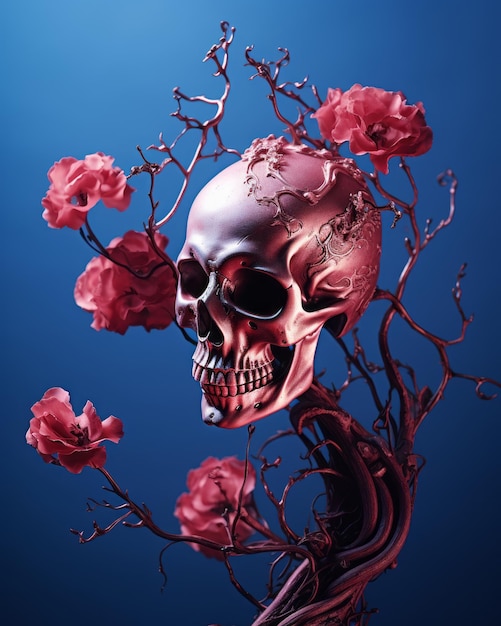 un crâne avec des fleurs rouges sur fond bleu