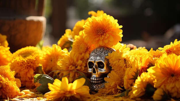 Photo un crâne et des fleurs sont placés sur une table