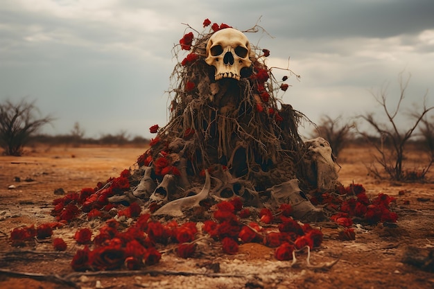 Crâne et fleurs sur une tombe dans le désert