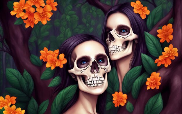 Crâne avec fond créatif cinématographique de fleurs pour le jour des morts halloween