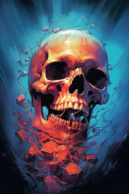 un crâne avec un fond rouge et bleu et un crâne au milieu.